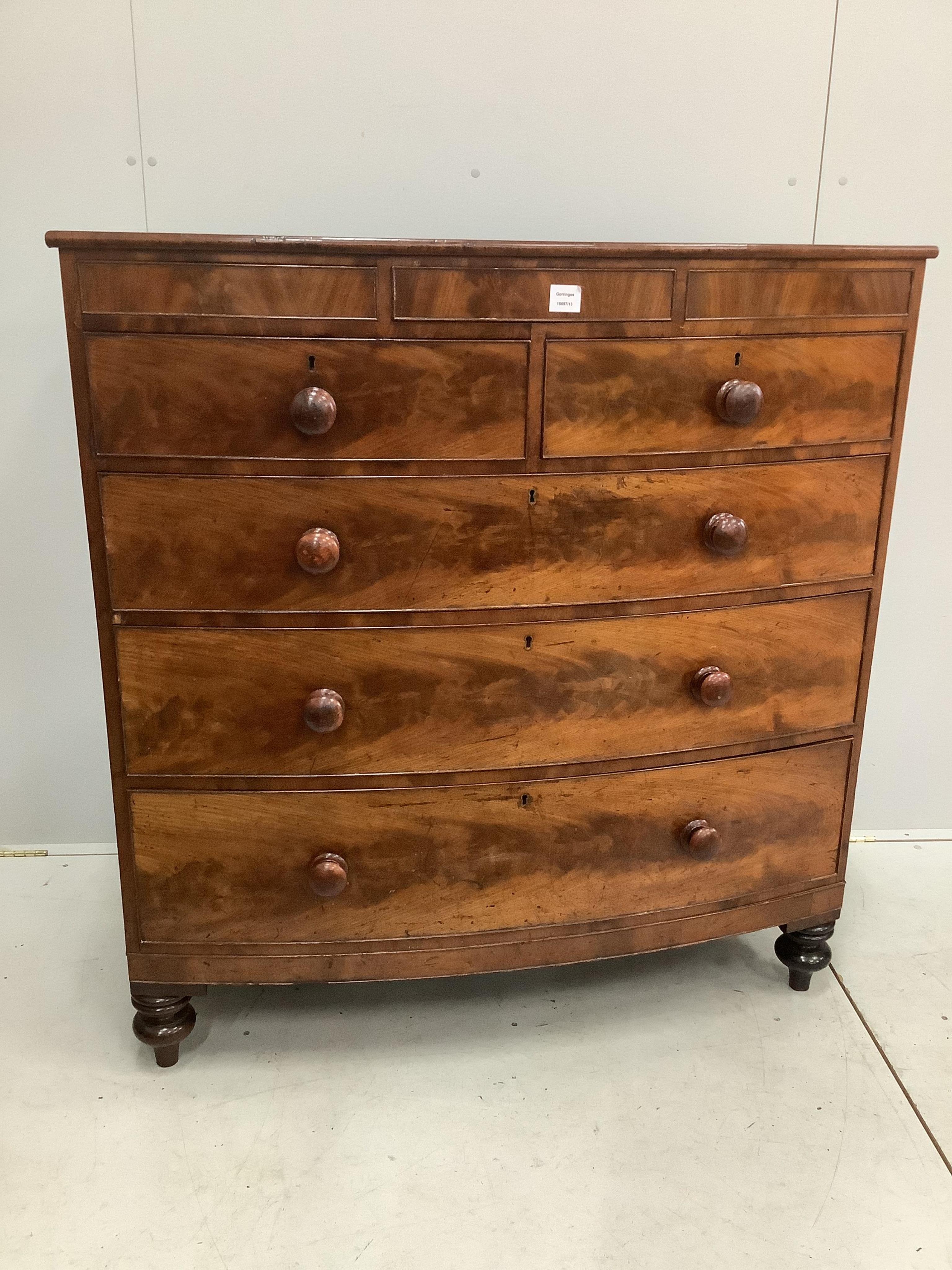 An early Victorian mahogany bowfront chest, width 117cm, depth 54cm, height 123cm. Condition - fair